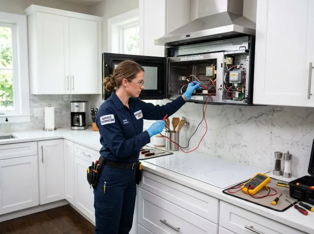 Appliance Repair Hero technician testing an over-the-range microwave in a Berwick, ME kitchen